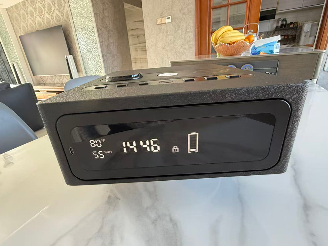 Fingerprint-activated handgun safe with wireless charging function, quick access, automatic sliding door design, equipped with 24-hour digital alarm clock and LED lights, suitable for home use, black