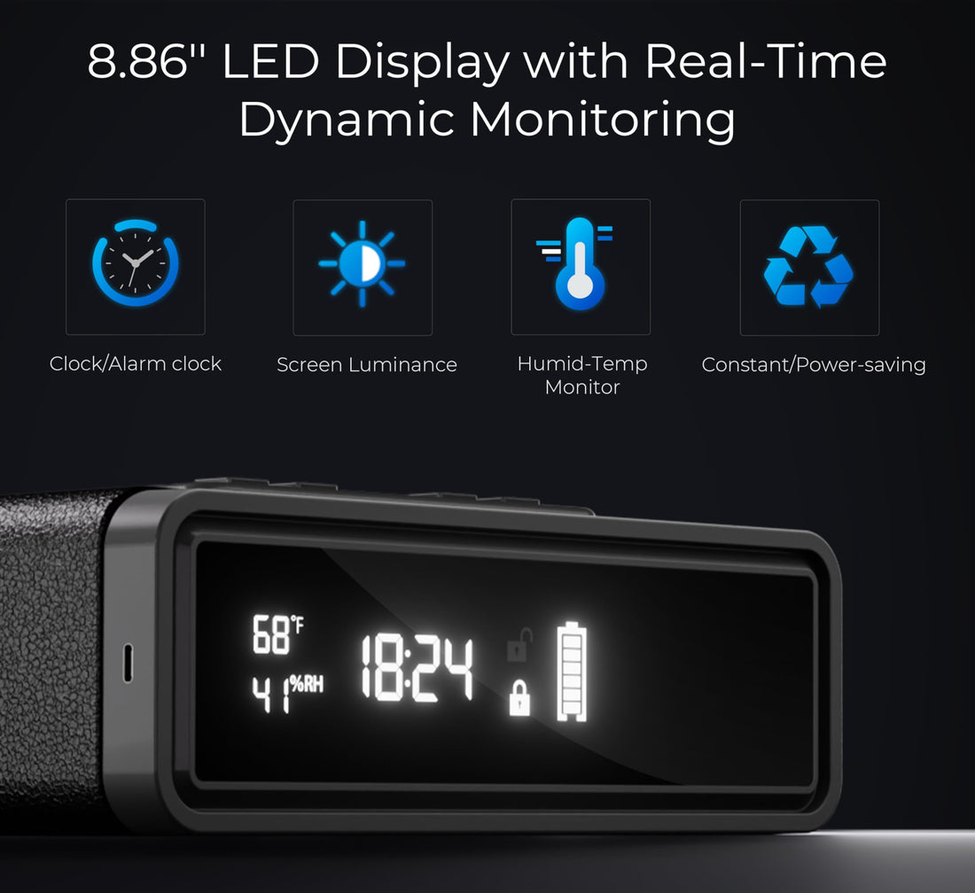 Biometric intelligent gun safe with wireless charging function for mobile phones and watches, 3 quick-access shelves, and fingerprint-lit keyboard - Compact bedside drawer safe with LED lights and 24-hour digital clock handgun safe